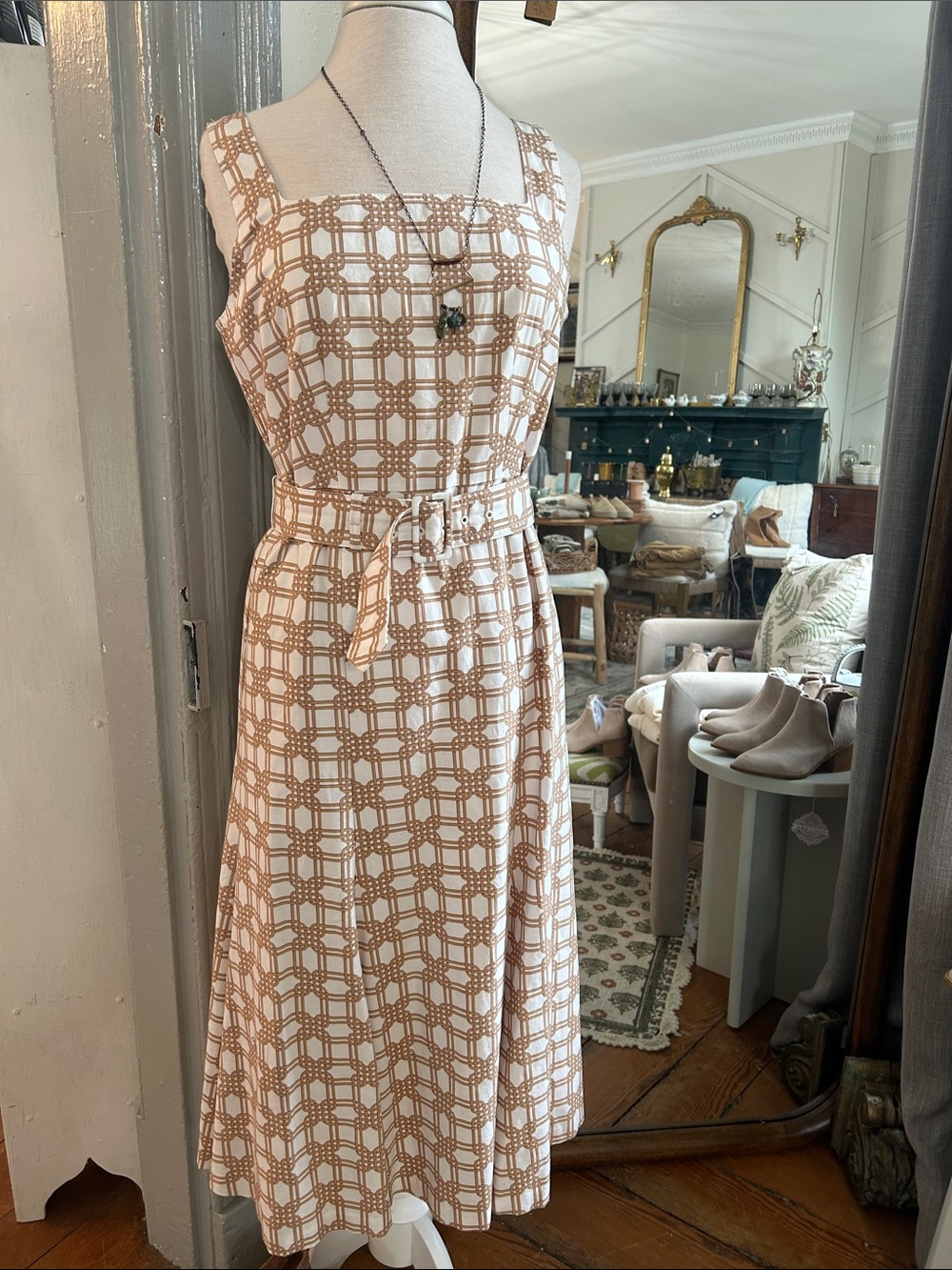 Ann Taylor Cream and Tan Geometric Midi Dress